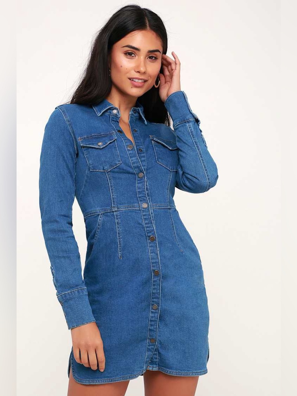 Free People Dynomite Long Sleeve Denim Dress medium blue dress western stretch